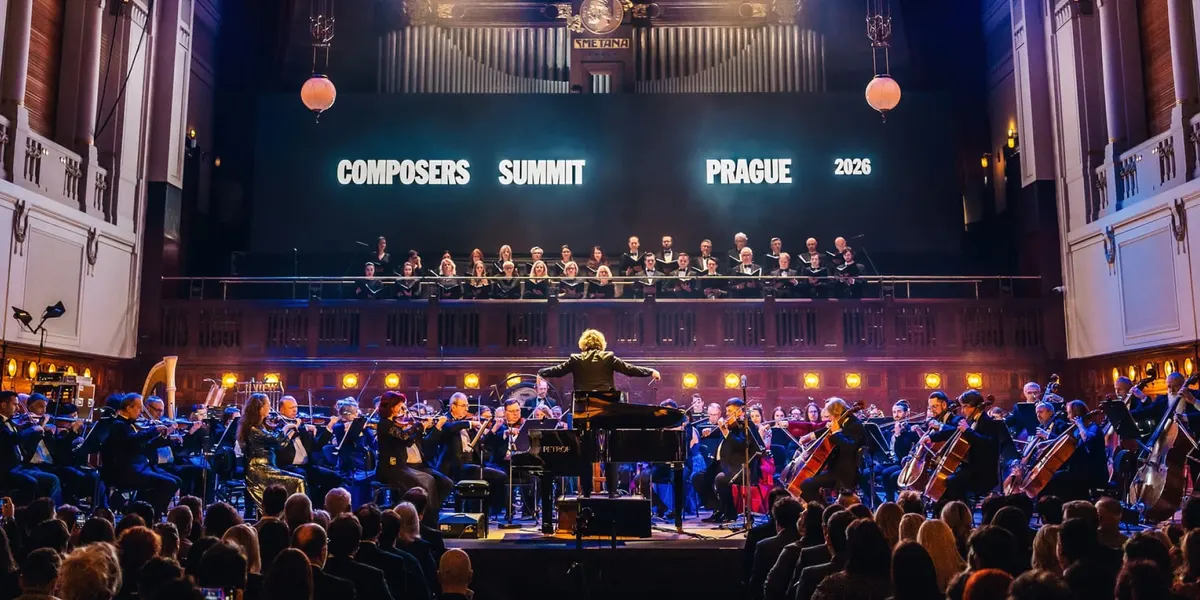 Orchestr a sbor pod projekcí Composers Summit Prague